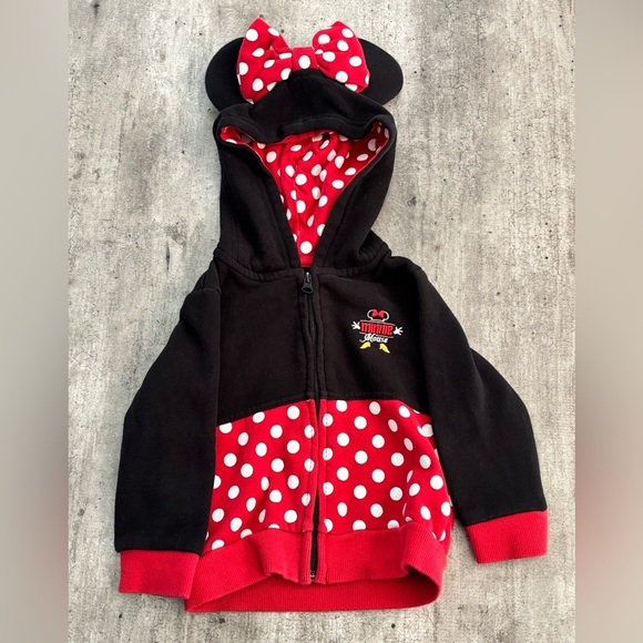 Disney Parks Minnie Mouse Zip Up Jacket Hoodie With Mouse Ears Bow Size 24 Month - Picture 1 of 5